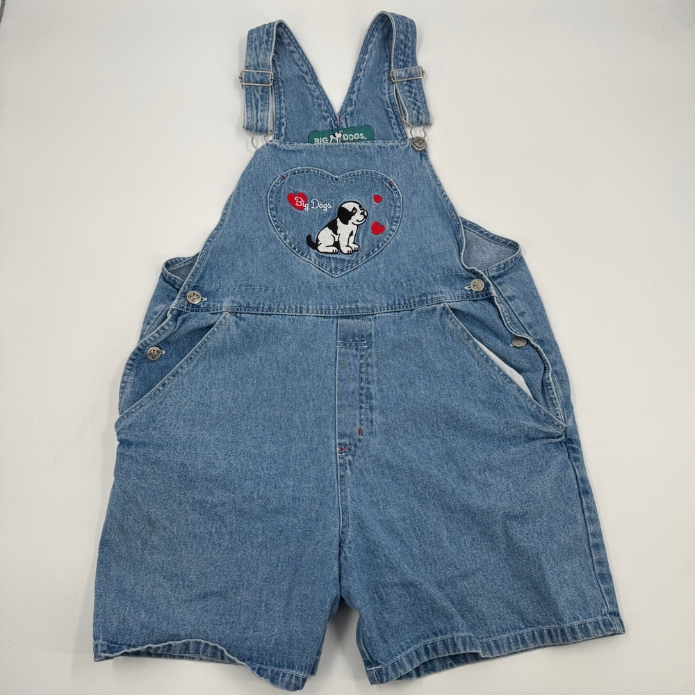 Big Dogs Denim Shortalls Women Medium Blue Heart Puppy Embroidered 90s Vintage